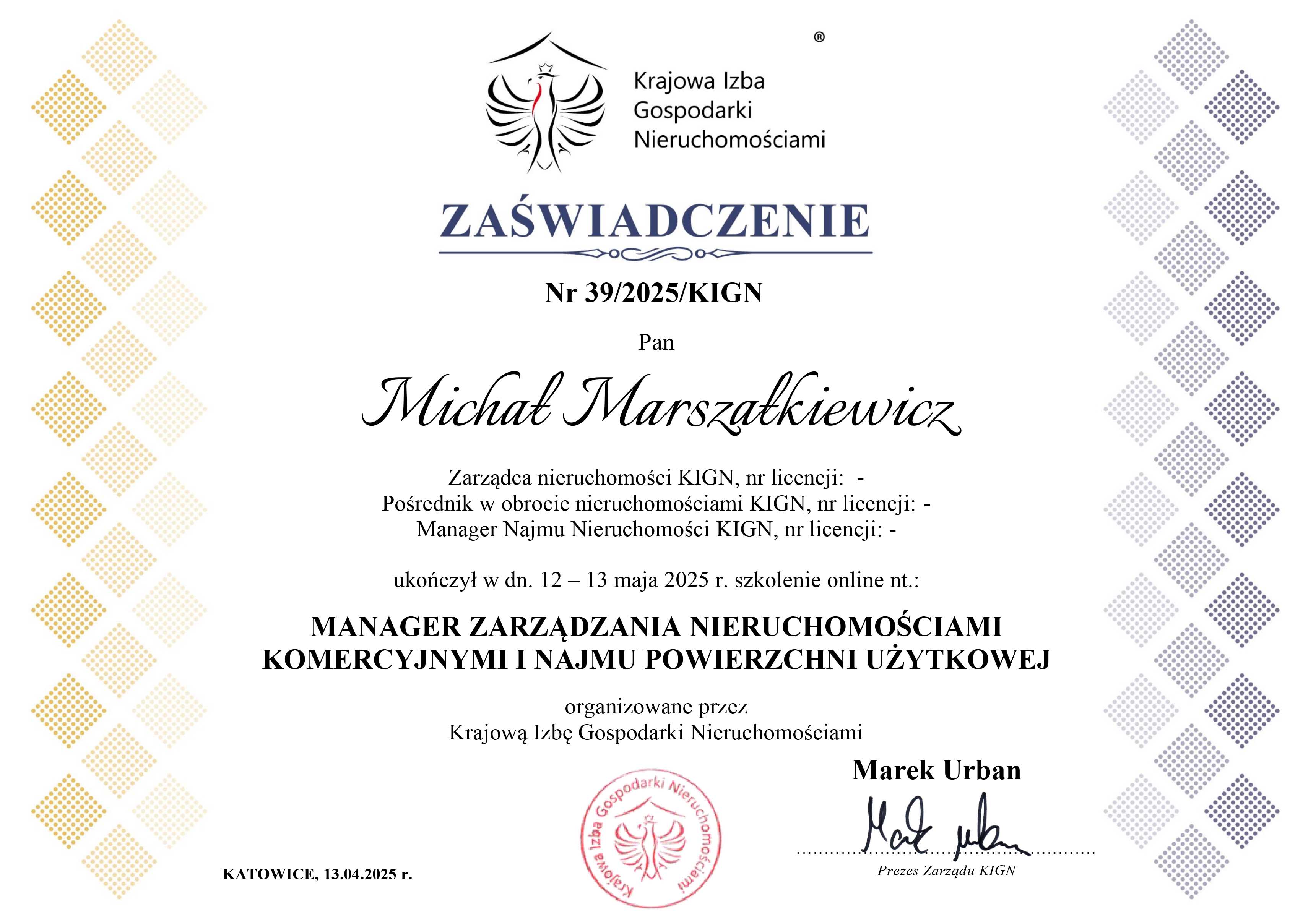 Zaświadczenie o kwalifikacjach zarządcy nieruchomości Wasall Toruń